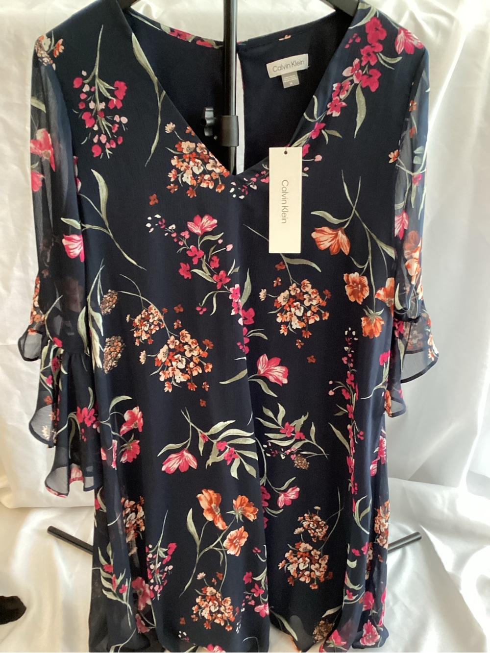 Calvin Klein Navy Floral V-Neck Ruffle Sleeve  Dress